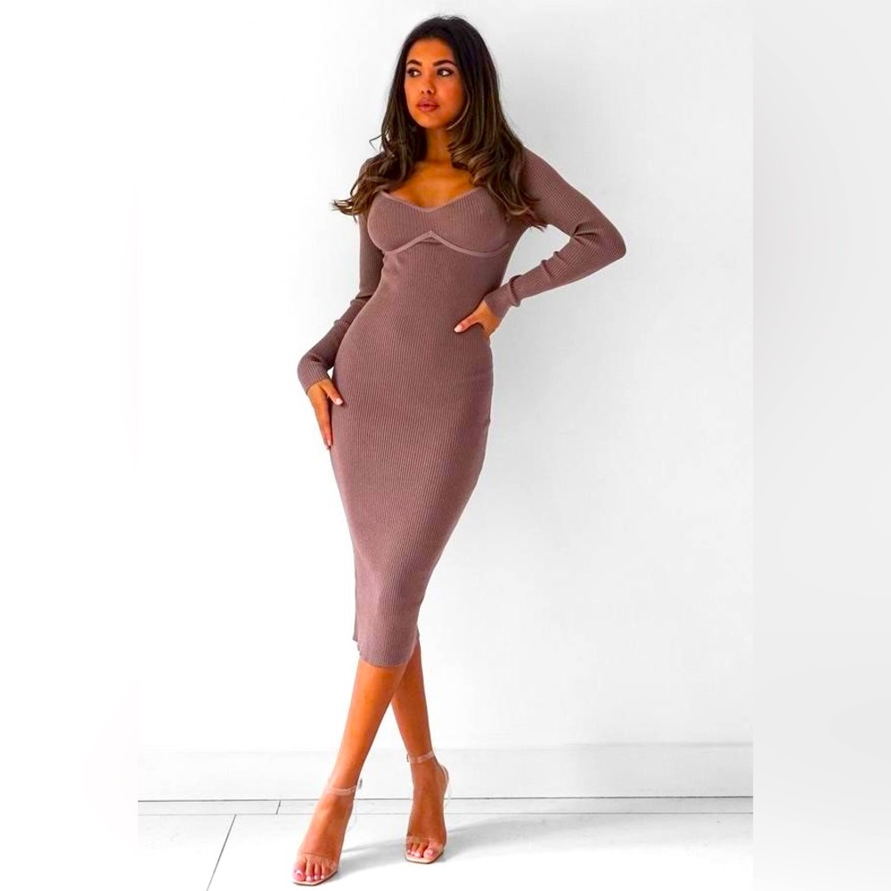 Missguided Mocha Rib Knit Bust Midaxi Dress 14